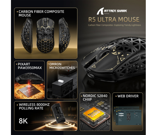 Attack Shark R5Ultra UltralightCarbon 8kHz/42kDPI PAW3950MAX Omron czarna - 1350006 - zdjęcie 3